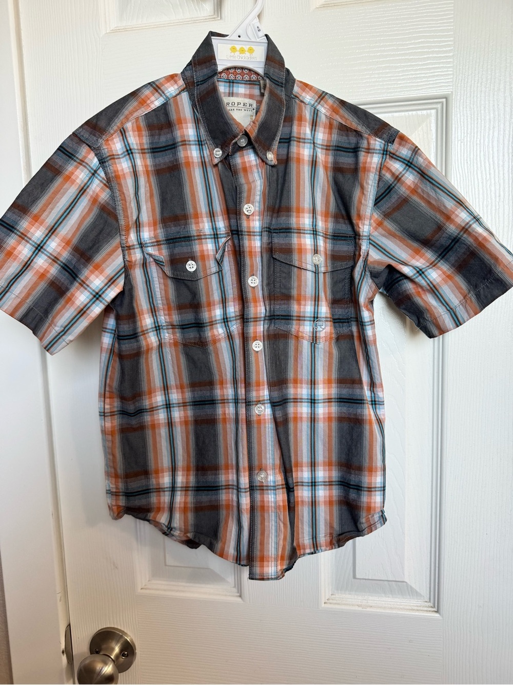 Roper Boys Short-Sleeve Orange, Gray & White Plaid Button-Down Shirt